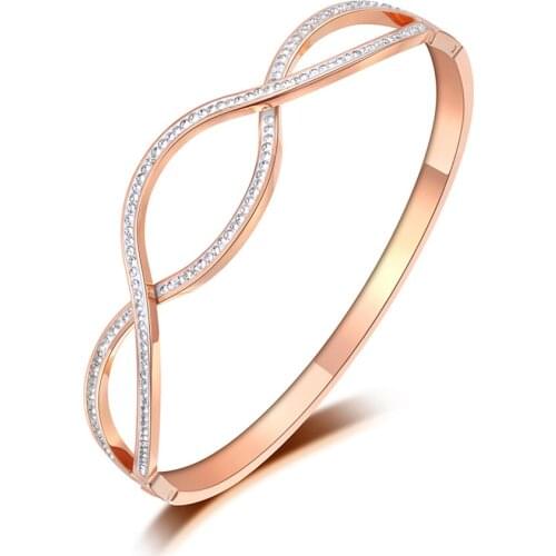 Sparkling Mosaic Rhinestone Cross Bangles & Bracelet Jewelry Rose Gold Stainless Steel Wedding Bangle For Women B19091