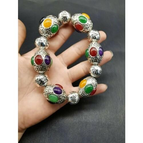 Fashion Women Men Green Old Tibetan Silver Carving Flower Inlaid Red Green Black Silver Bracelet