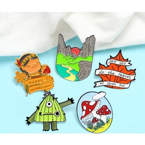 Cartoon Cactus Mushroom Brooch Custom Monster Leaves Girl Happy thanksgiving Forest River Enamel Pins Lapel Badge Jewelry Spille