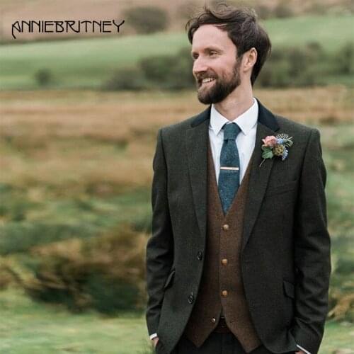 NEW Tweed Men Suits for Wedding Mens Classic Suit 3 Pieces Handsome Groom Tuxedos Slim Fit Men Blazer Vintage Suit Gentlemen