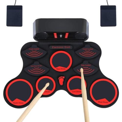 Roll Up Drum Kit,Electronic Drum Set with Practice 10 Labeled Pad,Built-In Speakers Headphone Jack 2 Foot Pedals Sticks Included