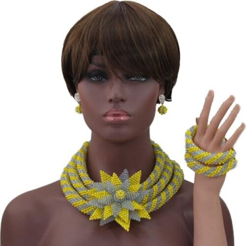 Latest Yellow African Beads Jewelry Set Handmade Knitted Flower Brooch Pendant Necklace Set Nigerian Bridal Female Gift AJS016