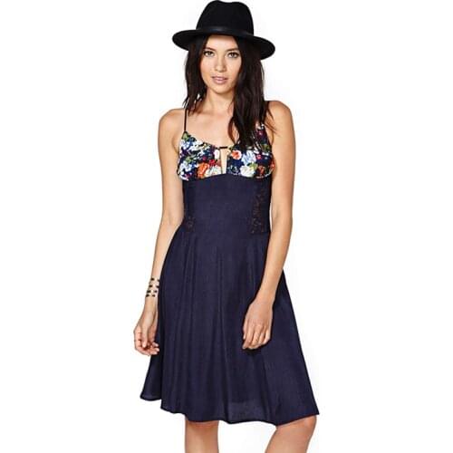 Holiday Style High Waist Slim Lace Stitching Perspective Flower Print Open Back Suspender Dress