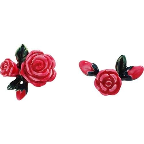 Hand Painted Thorns Rose Earrings Ladies S925 Needle Asymmetric Stud Ears Retro Flower Jewelry Good Gift