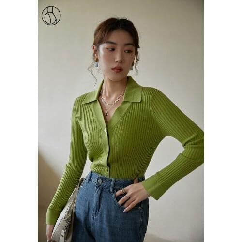 DUSHU Woman Sweater Pure Color Soft Waxy V-neck Knitted Cardigan Women Fall New Slimming Bottoming Shirt Vintage Casual Cardigan