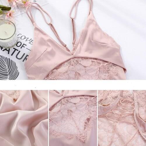 Vintage Nightgowns Sexy Sling Nightdress Female Silk Sleepwear Lace See-through Nightwear