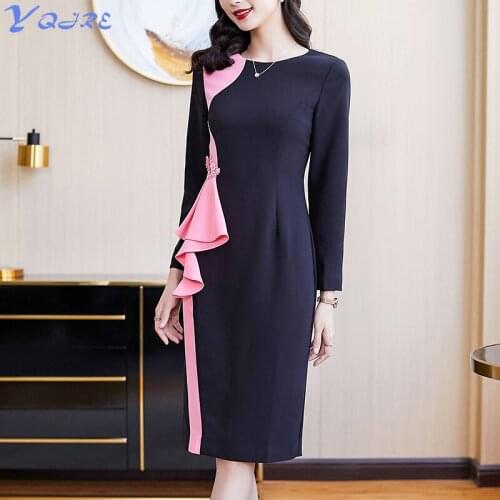 YQJRE New Womens Slim Long Sleeve Round Neck Elegant Pencil OL Mid-length Dress