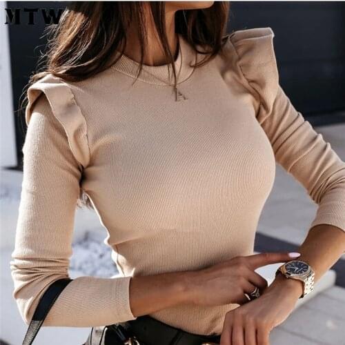 Elegant Ruffle Office Sweater 2020 Casual Solid Butterfly Long Sleeve Jumper Tops Women Autumn Knitted Rib Pullover