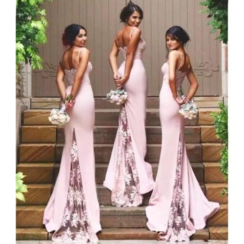 Women Spaghetti Straps Lace Satin Bridesmaid Dresses Applique Prom Dresses Mermaid Bridesmaid Dresses Long Wedding Guest Dress