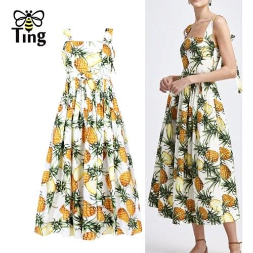 Tingfly Designer Vintage Elegant Pipeapples Print Boho Summer Midi Long Dresses Sleeveless Casual Vacation Sundresses Elbise Za