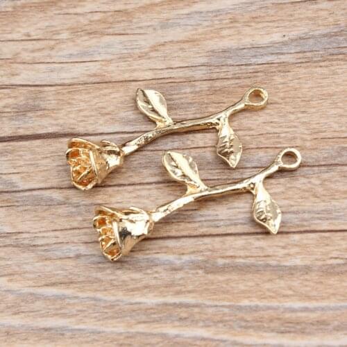 10PCs Mini Order 25*40MM 3D Rose Flower Charms Gold Tone Plated Metal Alloy Ornament Accessories Necklace Pendants