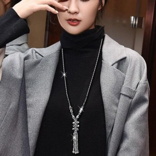 2019 New Graceful Crystal Beads Long Necklace Women Boho Fashion Shiny Blue Water Drop Sweater Chain Summer Joker Party Jewelry