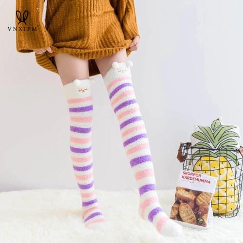 2021 Fashion striped knee socks sweet girl coral fleece warm sexy high socks high quality fabric winter Christmas gift socks