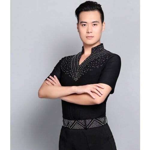 2019 Latin Dance Shirts Men Long Sleeve V Neck Sequin Middle East Diamond Tops Ballroom Shirt Competition Dancing Clothes