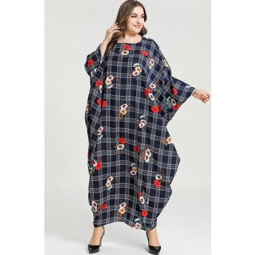African Dresses for Women Plus Size Dashiki Navy Plaid Print African Dress Traditional Ladies Clothes Robe Abaya Muslim Dress