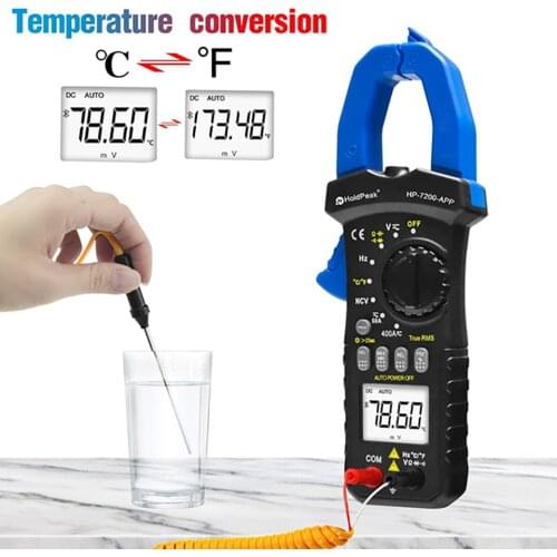 Digital AC/DC Clamp Meter True RMS 6000 counts Auto Range Multimeter MAX/MIN NCV Current Voltage Temperature Tester HP-7200APP
