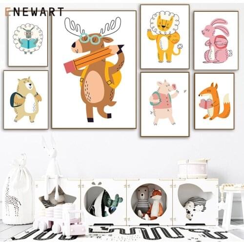 Nursery Wall Art Cartoon Bear Rabbit Lion Deer Canvas Painting Nordic Posters and Prints Pictures for Kids Bedroom Decoration