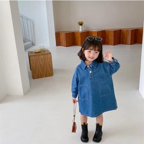 Long Sleeve Girl Dress Kids Baby 2021 High Quality Spring Summer Princess Casual Ruffles Jean Dresses With Pocket Children Cloth