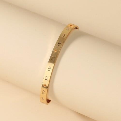 Hot Sale Fashion Opening Titanium Steel Bangles Gold Carving Roman Numeral Gold Bangles Roman Numerals Womens Bracelet