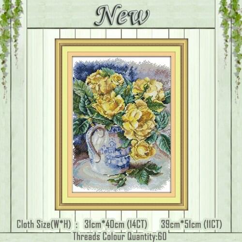 Yellow rose oil painting flower counted printed on the canvas DMC 11CT 14CT kits Chinese Cross Stitch embroidery needlework Sets