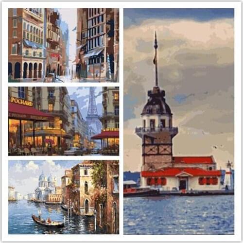 Painting By Numbers City House Landscape Oil Picture By Number HandPainted 40x50cm Frame Modern Home Decorations