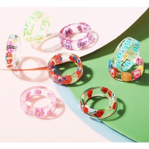 Luokey Personality Creative Summer Fruit Rings For Girls Korea Colorful Fashion Resin Party Wedding Rings For Women Cute Jewelry