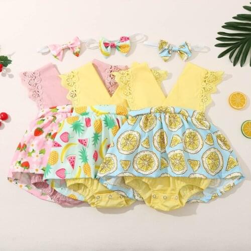 Lemon Strawberry Lace Bodysuit With Headband Newborn Baby Girl Jumpsuit Summer Sleeveless Bodysuit Dress Clothing For Girls 2021