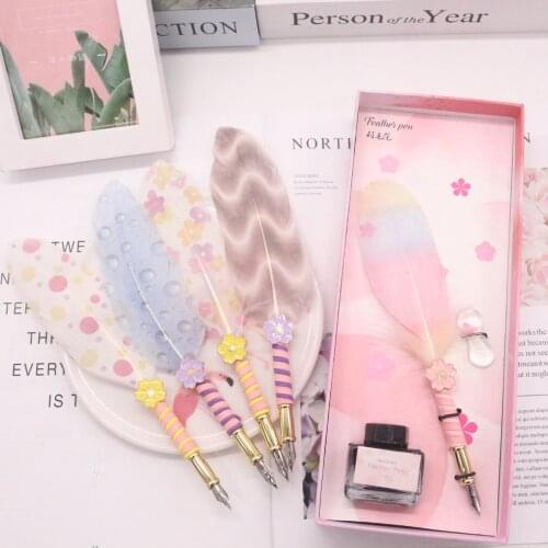 Pink Feather Dip Pen Set,Transparent Pen Nib Base,Fountain Pen,ink,School Supplies,korean Stationery,Calligraphy Signature Pen