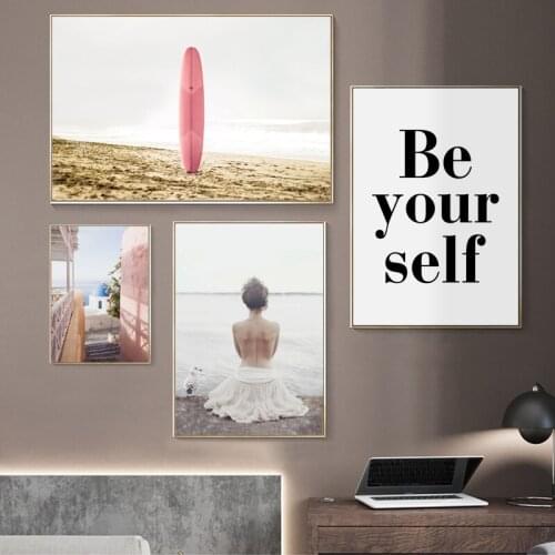 Nature Ocean Landscape Canvas Poster Nordic Beach Pink Bus Wall Art Print Beauty Painting Picture Scandinavian Home Decor