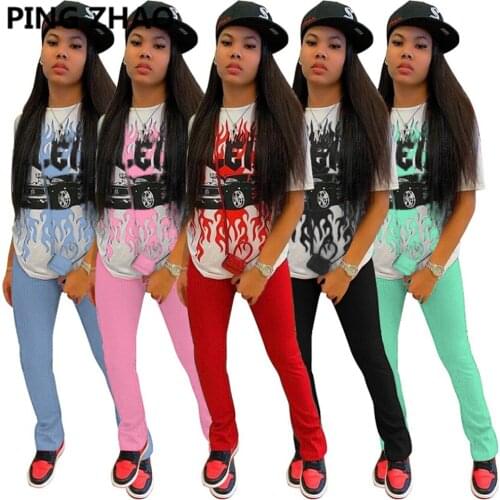 PING ZHAO Summer Womens Set Flame Letter T-shirt and Knit Pants Set Street Tracksuit Two Piece Set Fitness Outfit