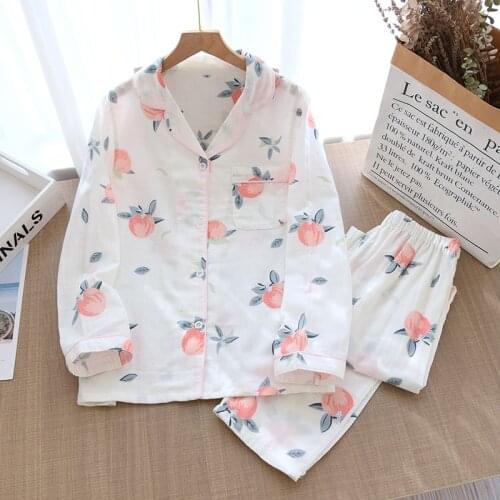 Spring/autumn Cotton Gauze Long Sleeve Pajamas for Women Thin Peach Print Turn-down Trousers Collar Home Wear Two Piece Set 2021