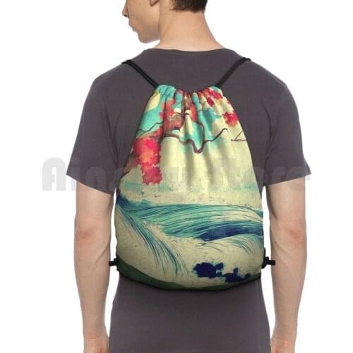 Waking To The Wild And Beautiful Ocean Of Dhin Backpack Drawstring Bags Gym Bag Waterproof Ocean Shore Tree Red Blue