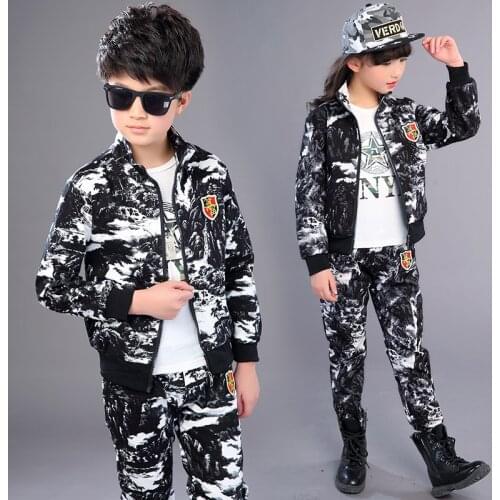 2020 Spring Fall New Children Camouflage Suit Boys Military Uniform Girls Sport Clothes Kids Jacket + Pants 2 Pcs Tracksuit X158