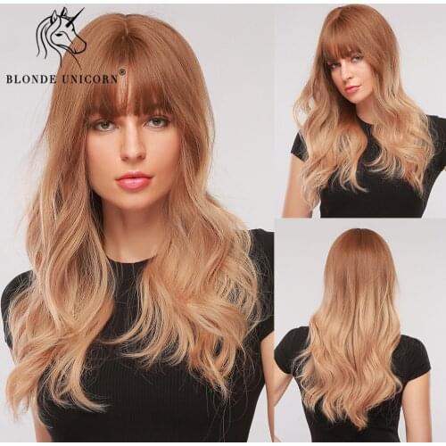 Blonde Unicorn Medium Long Natural Wavy Ombre Brown Blonde Wig With Bangs For Women Synthetic Hair Daily Wigs Heat Resistant