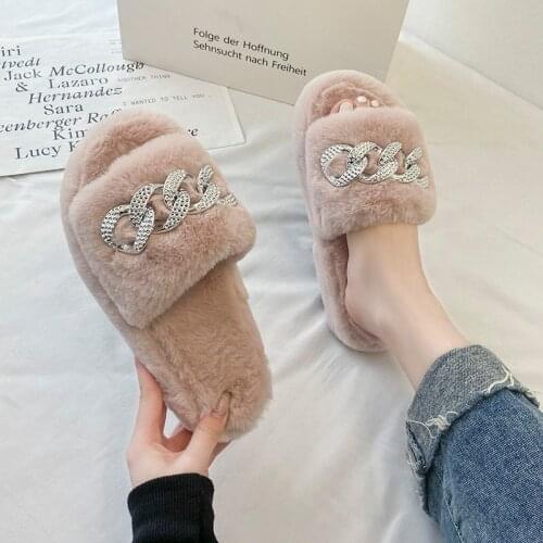 Warm Fluffy Slippers Women Faux Fur Chain Indoor Floor Slides Flat Soft Furry Shoes Ladies Female Non Slip House Shoes Wholesale