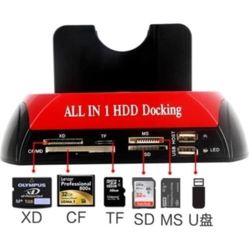 External Dual Port HDD Docking Station Hub with USB Port Memory Card Slot IDE SATA Data Reader XD/TF/CF/MD/Micro SD Cardreader