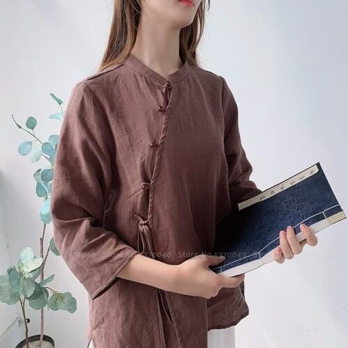 Women Hanfu Qipao Tops Chinese Style Cheongsam Linen Blouse Zen Tea Shirts Oriental Clothing Wu Tang Kung Fu Cardigan Jackets
