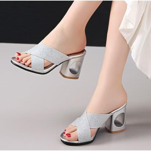 YMECHIC Summer 2019 Bling Peep Toe Womans Shoes Silver Blue Black Hollow High Heels Ladies Slippers and Sandals Outdoor Slides