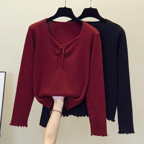 4XL plus size women fashion bow solid sweaters pullover autumn winter 2021 long sleeve v neck kintting basic sueters de mujer