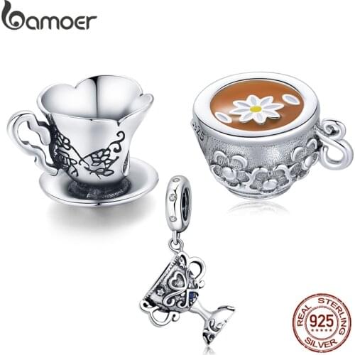 Bamoer Vintage 925 Sterling Silver Retro Teacup Charm Bead Medieval Pattern for Original Bracelet Bangle Women Jewelry SCC1899
