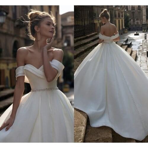 Elegant Ivory V-Neck A-line Satin Wedding Dresses 2021 Off The Shoulder Bridal Gown With Beading Belt Vestidos De Mairee