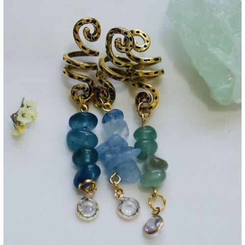 Golden hair braid raw crystal aquamarine jade quartz hair ring Viking spiral hair beads hair accessories Wicca gift