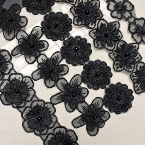 3 Yard/Lot Black DIY Organza embroidery lace patch clothes 3D Beading flower wedding dress Hair material applique lace fabric