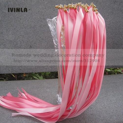 50pcs/lot peach pink wedding ribbon wands with gold bell for wedding decoration