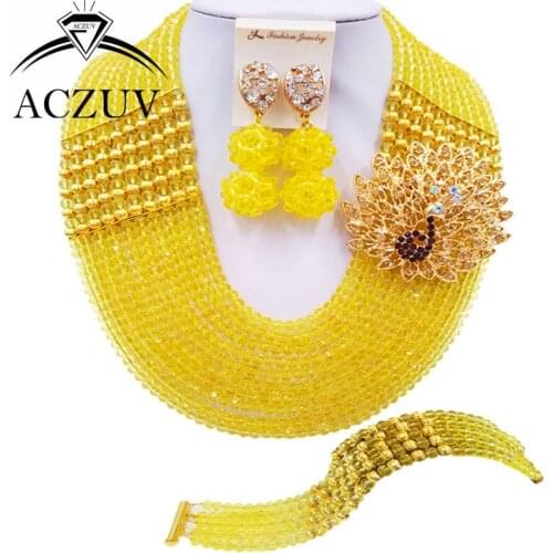 ACZUV 10 Rows Yellow Nigerian Wedding African Beads Jewelry Set Crystal Party Jewelry Sets 10LBJZ021