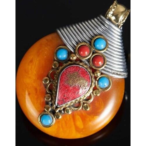 Free shipping Nepalese handmade ornaments auspicious peace Silver Turquoises Pendant beeswax Amulet Pendant