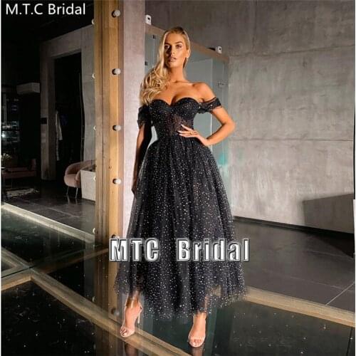 Black Short Glitter Prom Dresses Off The Shoulder Corset Tulle Sexy Wedding Party Dress Plus Size Women Formal Gown Robe Soiree