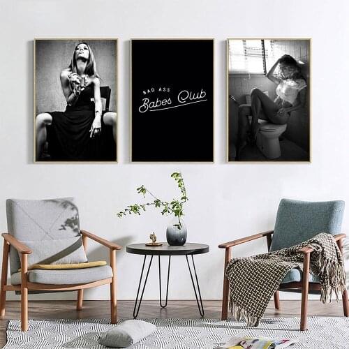 Badass Babes Club Poster Woman Smoking Canvas Painting Black White Nordic Art Print Modern Wall Picture Living Room Home Decor