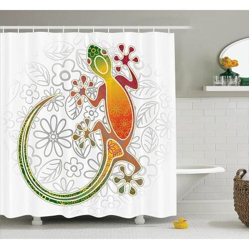Batik Shower Curtain Native Southeast Asian Common House Gecko Moon Lizard Tropical Monster Graphic Decor Bath Curtains