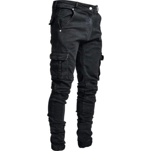 Men Jeans Pants Casual Cotton Denim Trousers Multi Pocket Cargo Jeans Men New Fashion Denim Pencil Pants Side Cargo Pockets